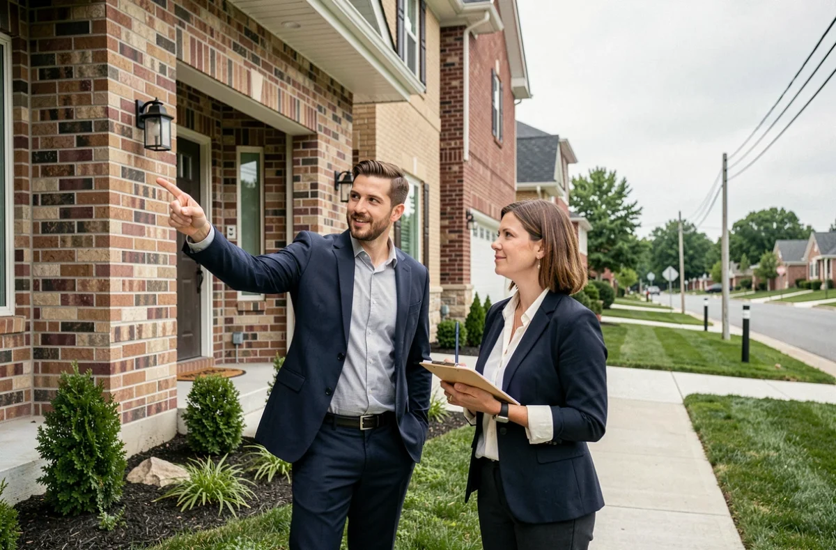 Agent immobilier présentant une maison neuve à une acheteuse potentielle, illustrant la visite de bien lors d'un investissement immobilier
