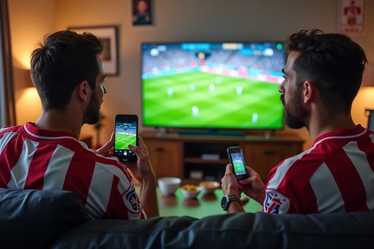 Deux amis regardant un match de football en streaming sur une smart TV dans un salon de supporters