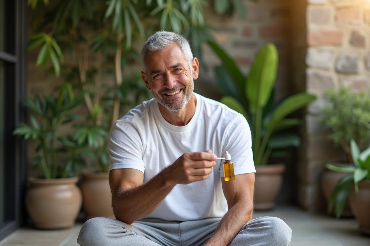 Homme appliquant une huile essentielle en extérieur