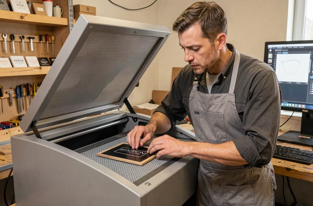 Artisan positionnant une plaque en aluminium anodisé noir dans une machine de gravure laser professionnelle en atelier