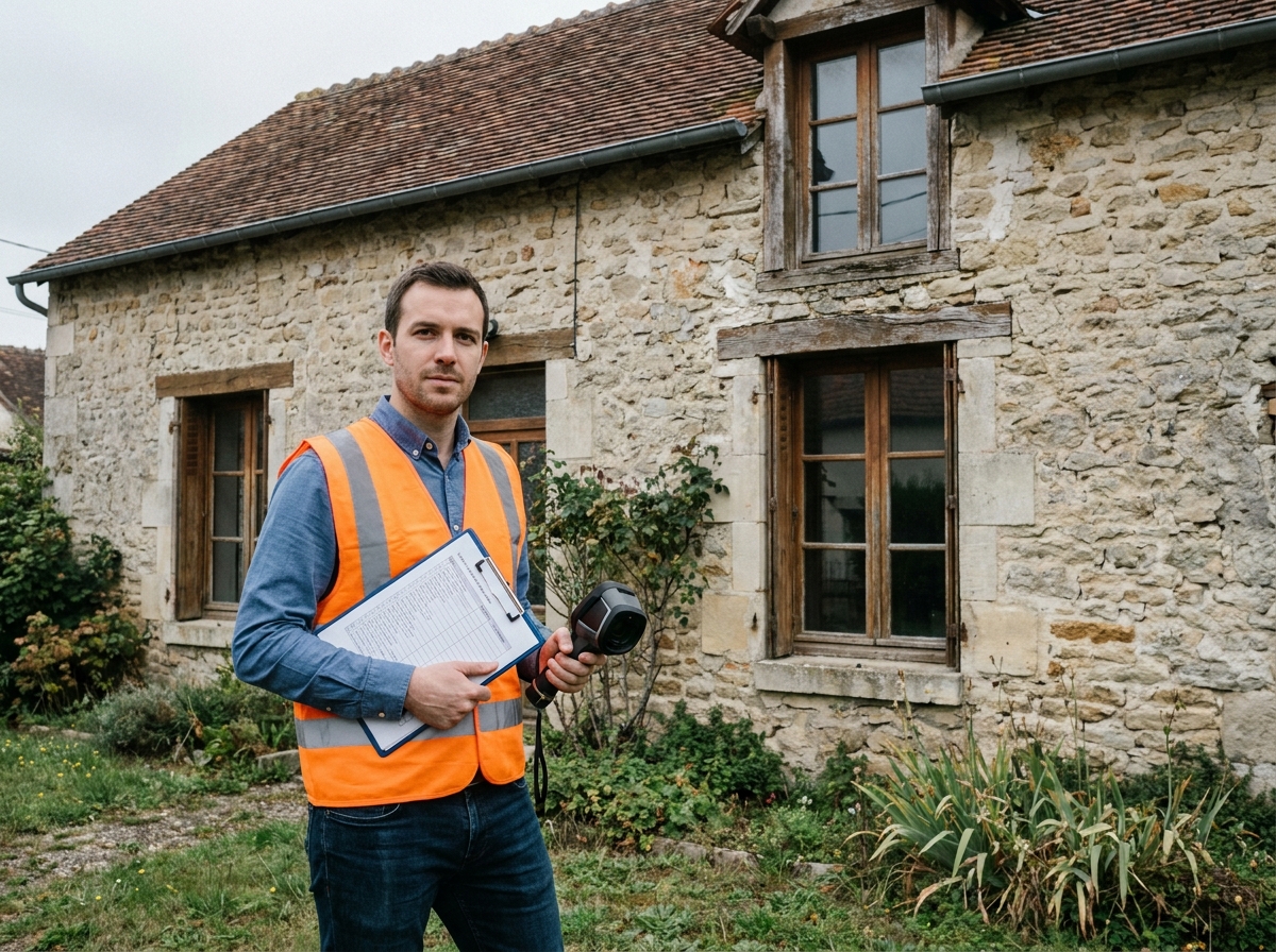 Auditeur énergétique inspectant une maison ancienne pour la prime rénov