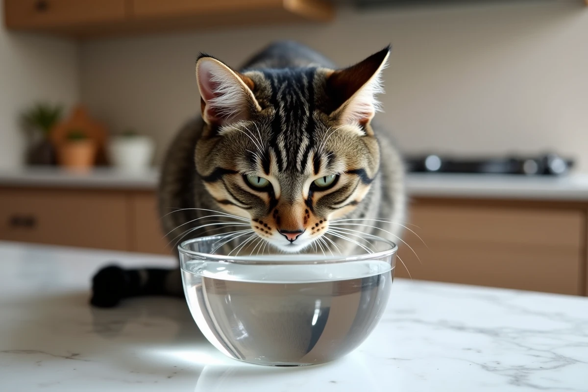 Chat tigré buvant de l'eau cristalline dans un bol en verre sur un plan de travail en marbre blanc