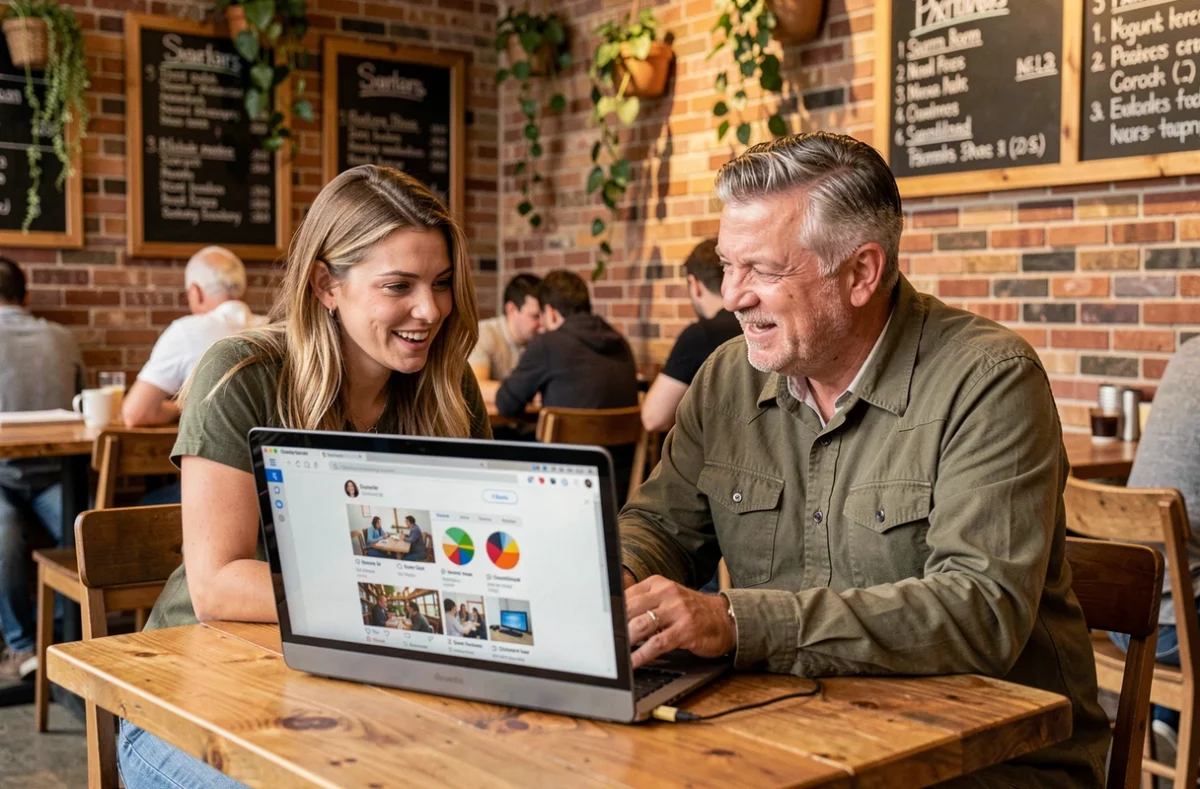 Deux professionnels collaborant sur une campagne digitale dans un espace de coworking moderne pour dynamiser leur entreprise