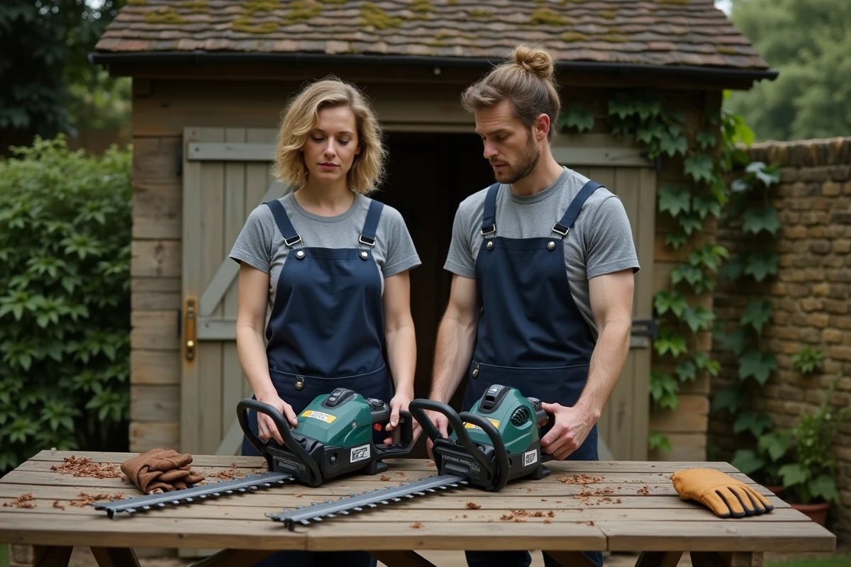 Femme comparant plusieurs modèles de taille-haies sans fil posés sur un établi de jardin en bois