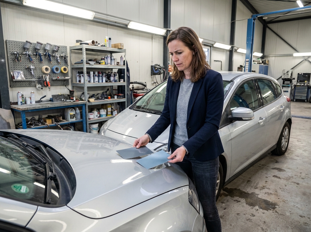 Femme comparant des teintes de peinture automobile dans un atelier de carrosserie pour préparer la revente