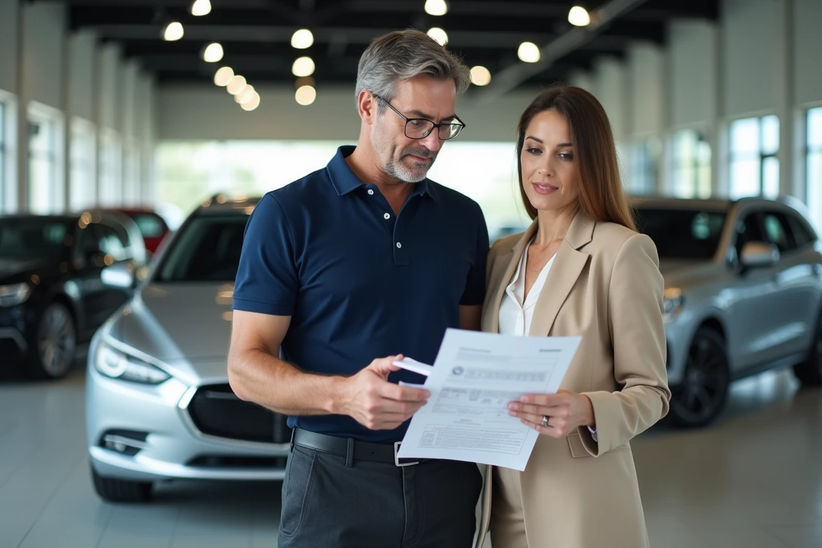 Conseiller automobile accompagnant une cliente dans un showroom de concession pour l'achat d'une voiture
