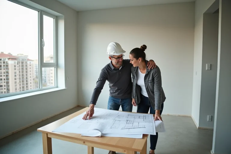Couple d'architectes en réunion dans un appartement en construction