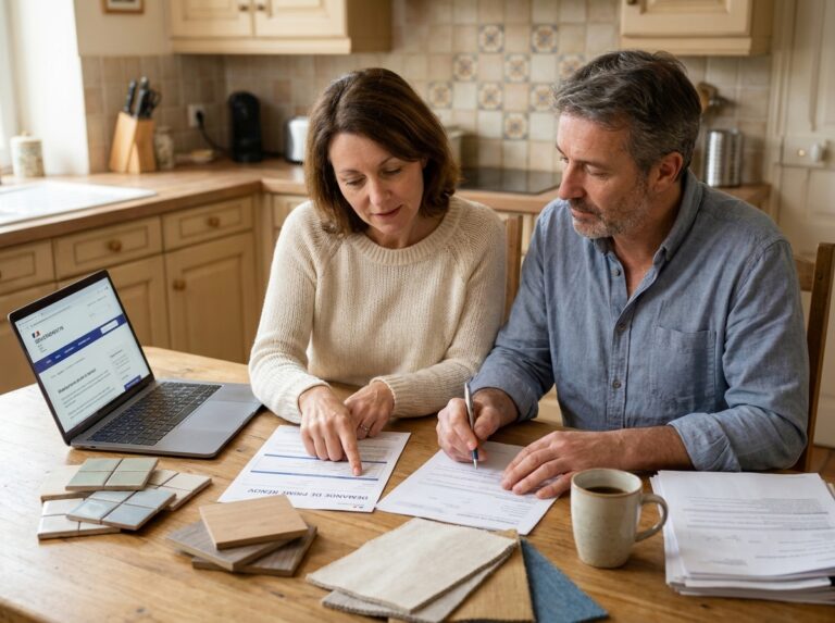 Couple examinant les documents de la prime rénov à la table de cuisine