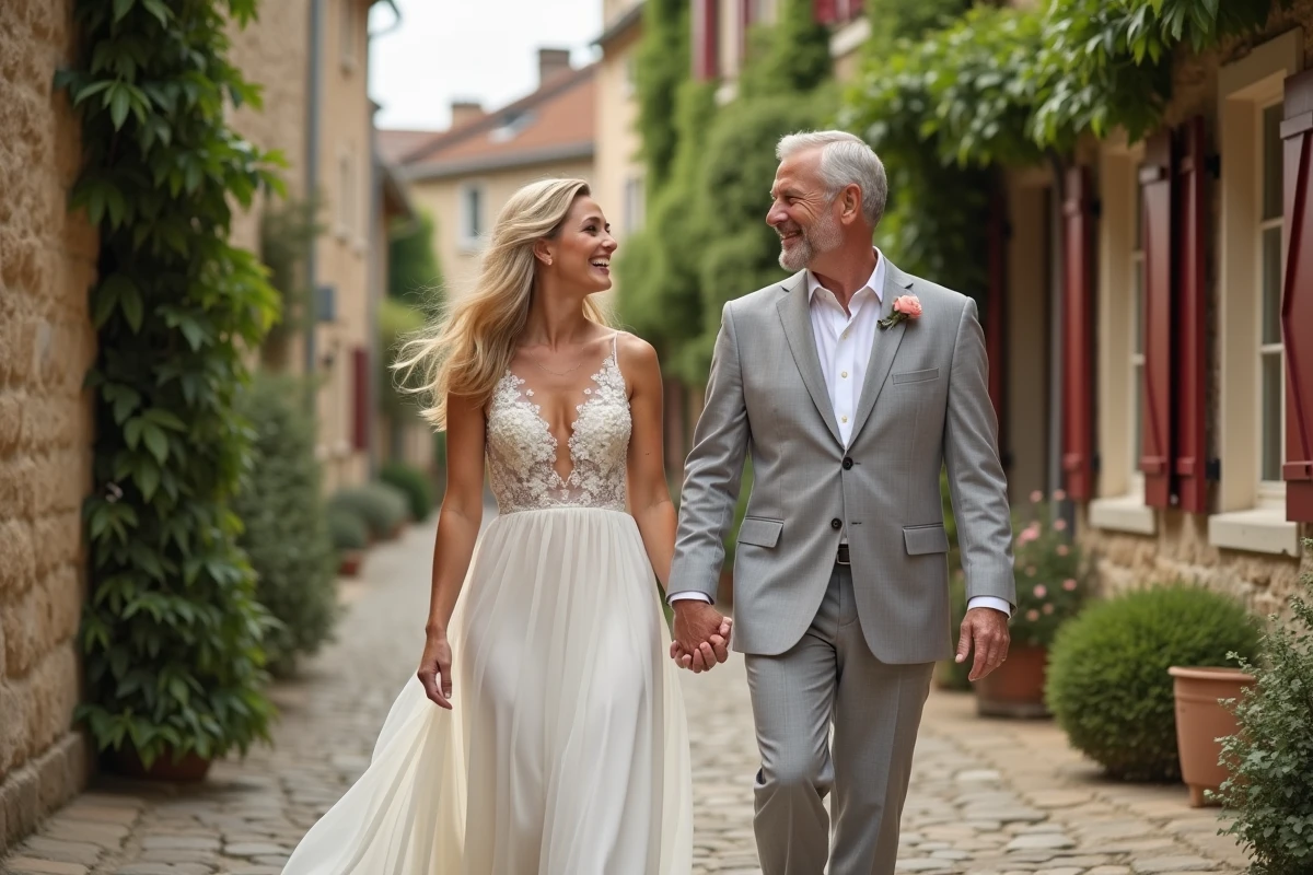 Couple de mariés se promenant main dans la main sur un chemin pavé dans un village français pittoresque, robe en mousseline et costume en lin gris