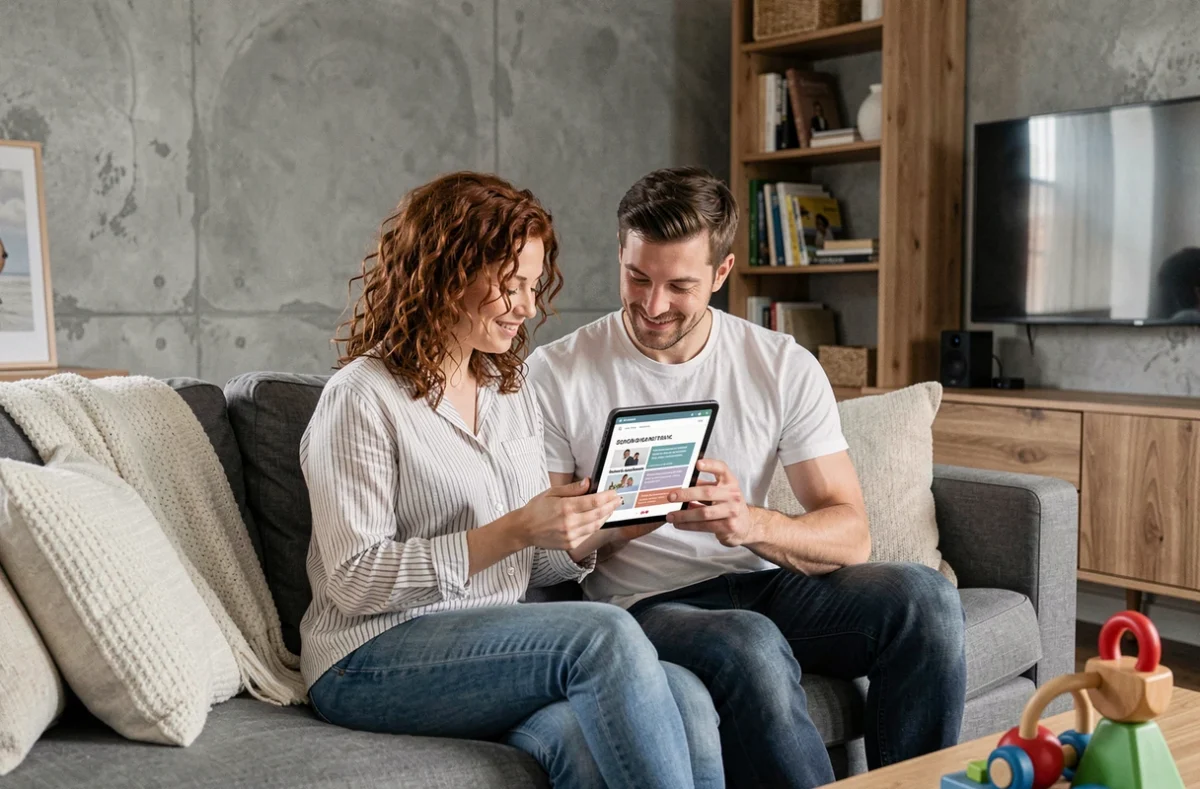 Couple de parents consultant ensemble le plan du site de ressources parentales sur une tablette dans leur salon