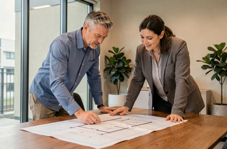 Couple de professionnels examinant des plans immobiliers dans une agence moderne, représentant les étapes de planification d'un projet immobilier
