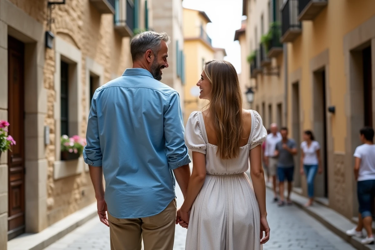 Couple marchant dans une rue européenne pour l article