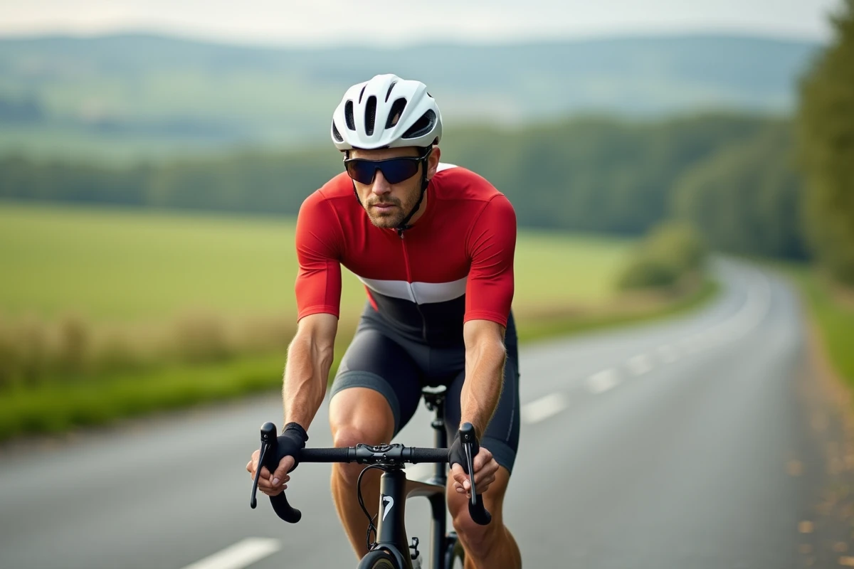 Cycliste masculin en maillot rouge pédalant sur un Scott Speedster 60 sur route asphaltée en campagne