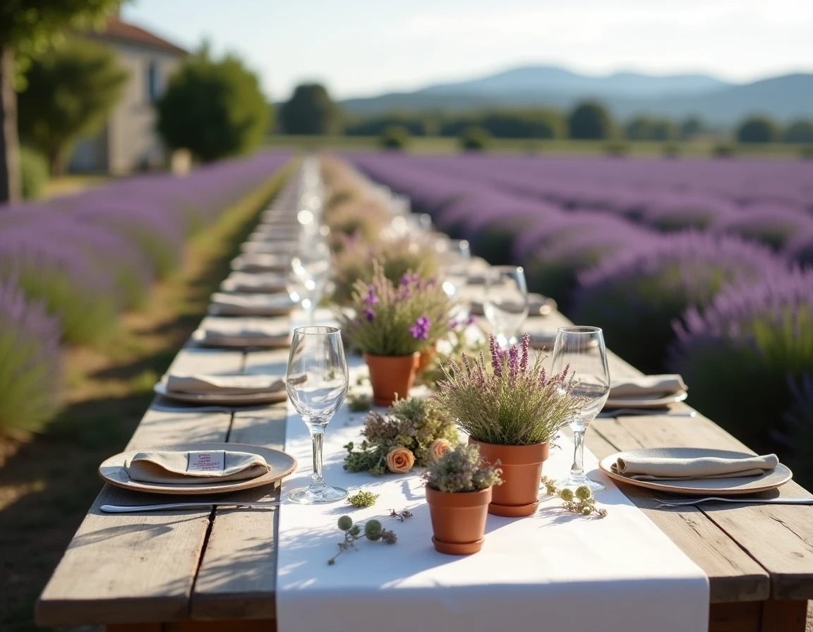Décoration de table champêtre pour un mariage en plein air dans un champ de lavande en Provence
