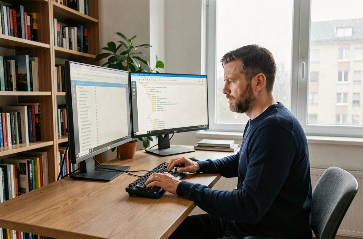 Un développeur web masculin configure un sitemap XML sur deux écrans dans un bureau à domicile