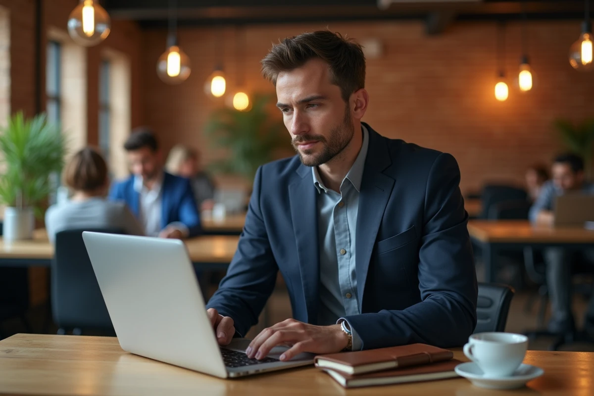 Entrepreneur concentré travaillant sur son ordinateur portable dans un espace de coworking moderne