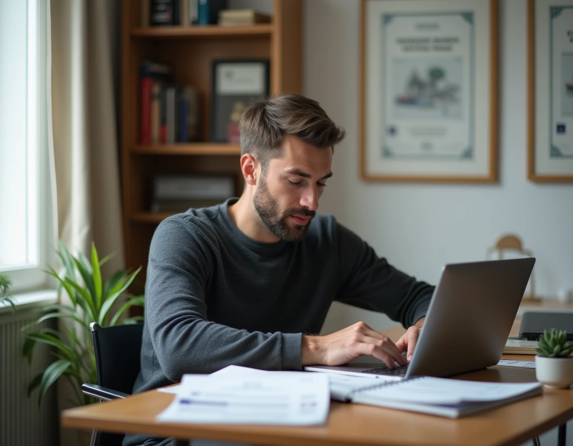Entrepreneur masculin travaillant sur un dossier de financement de startup dans un bureau à domicile à Genève