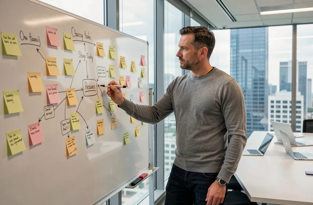 Entrepreneur masculin présentant une stratégie de transformation digitale sur un tableau blanc dans une salle de réunion moderne