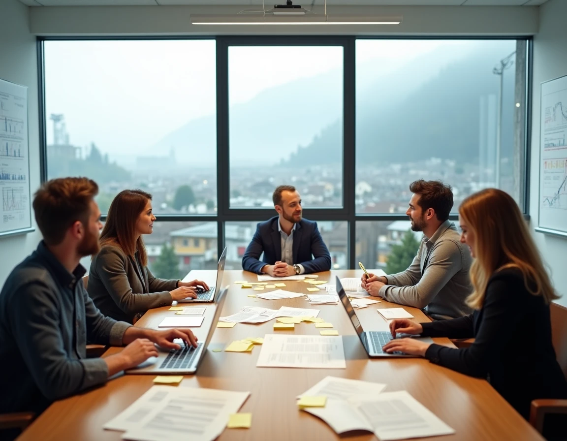 Équipe de startup en réunion de brainstorming autour d'une table de conférence dans un bureau moderne en Suisse
