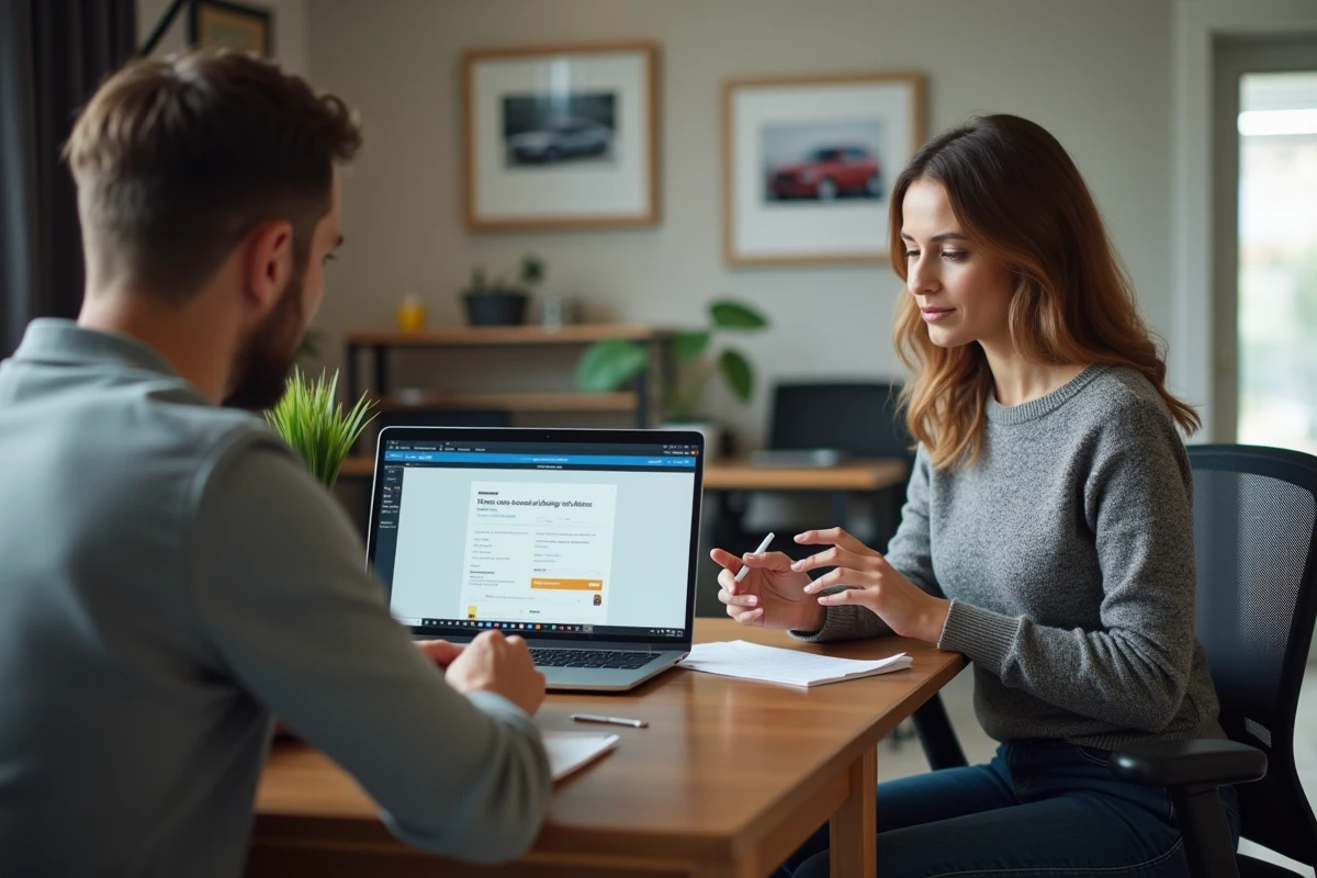 Femme discutant de l'estimation de sa voiture avec un expert en vente automobile dans un bureau