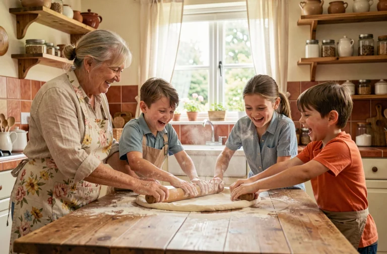 Grand-mère, mère et enfants préparant de la pâte ensemble dans une cuisine familiale rustique, moment de complicité intergénérationnelle