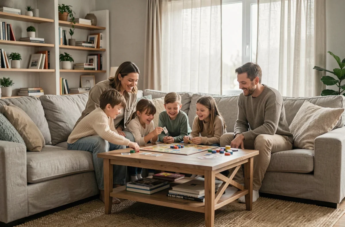 Une famille de cinq personnes joue à un jeu de société sur un canapé dans un salon moderne, illustration de moments de complicité familiale à la maison