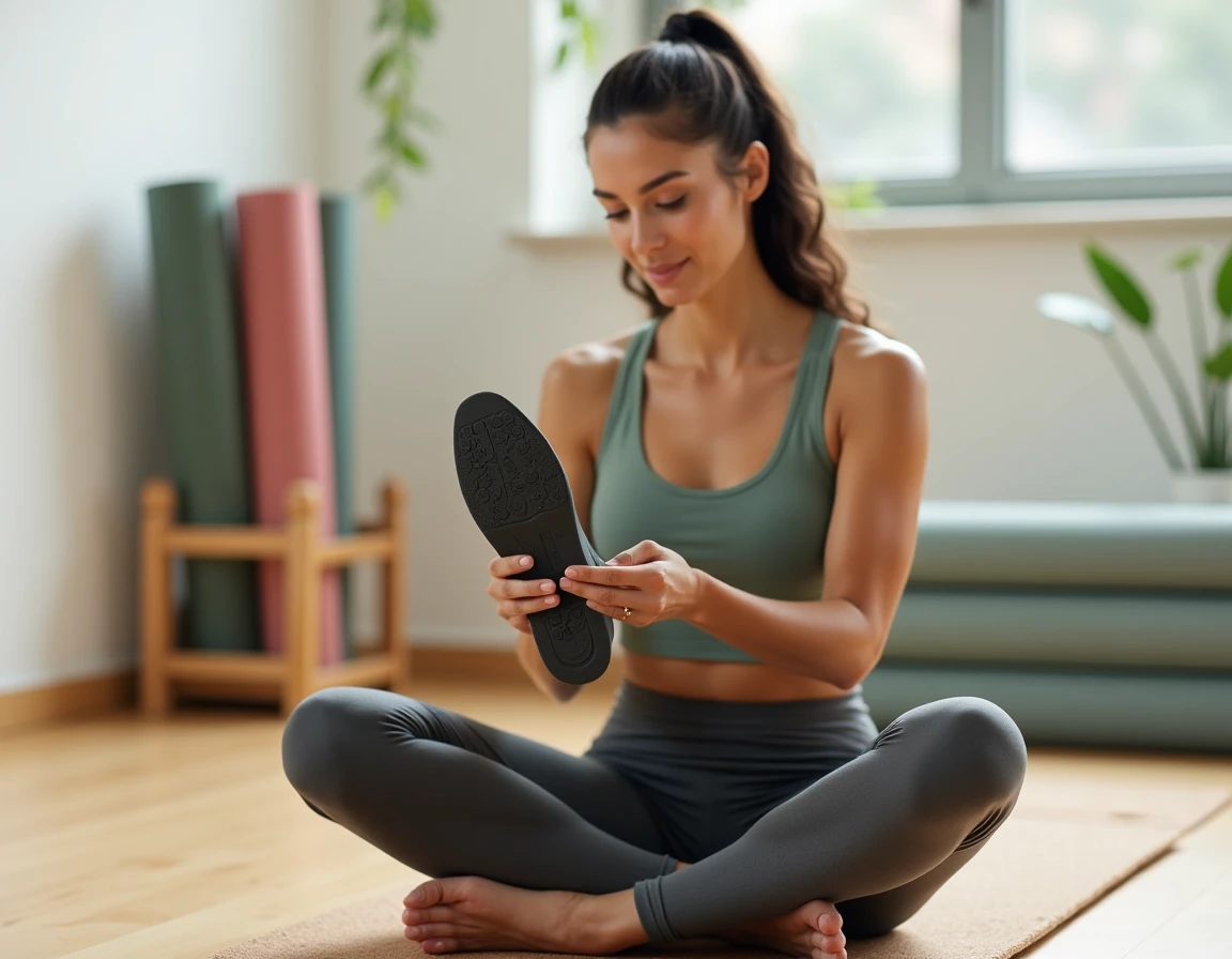Femme examinant une chaussure de yoga flexible assise sur un tapis en liège dans un studio minimaliste
