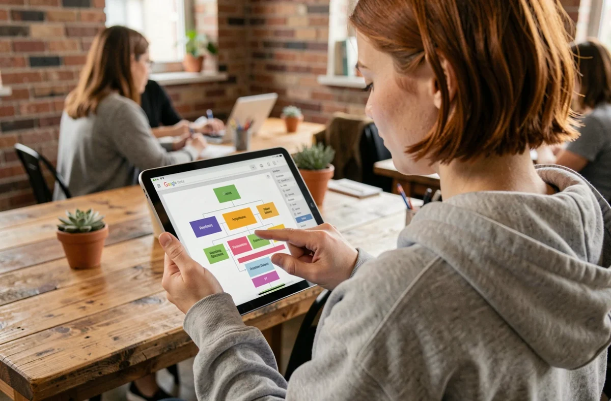 Une jeune femme consulte un outil de création de sitemap visuel sur une tablette dans un espace de coworking