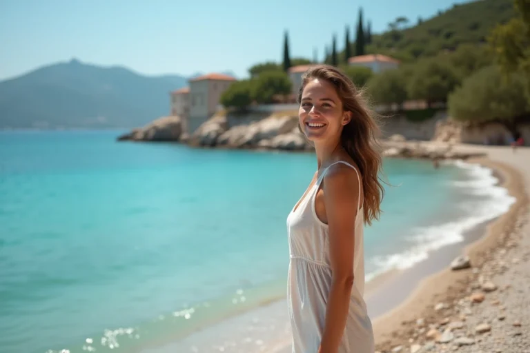 Jeune femme en robe lin sur la plage de Corfu