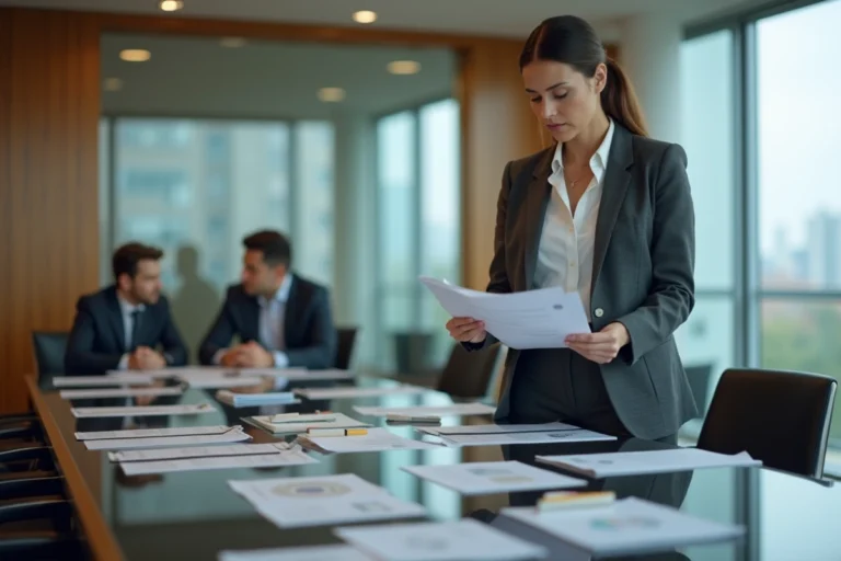 Femme décideuse en réunion d'affaires dans une salle de conférence moderne avec vue sur la ville