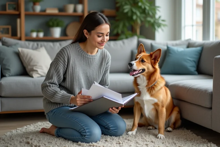 Femme avec chien et dossier d'assurance dans un salon
