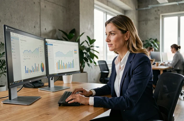 Femme entrepreneur analysant des données digitales sur deux écrans dans un bureau moderne pour développer son entreprise en 2024