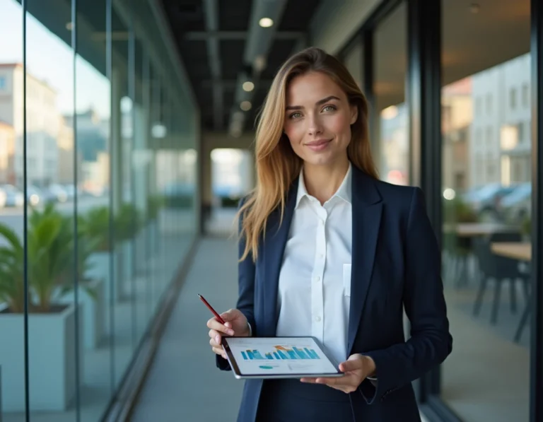 Jeune femme entrepreneur tenant une tablette avec des graphiques de startup devant un espace de coworking moderne à Zurich