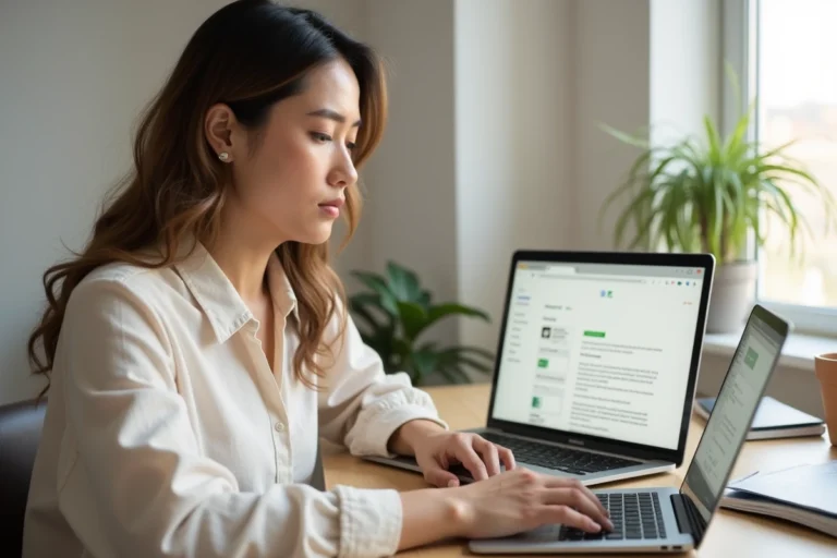 Femme naviguant sur le plan du site d'un blog déco intérieure depuis un bureau en bois clair