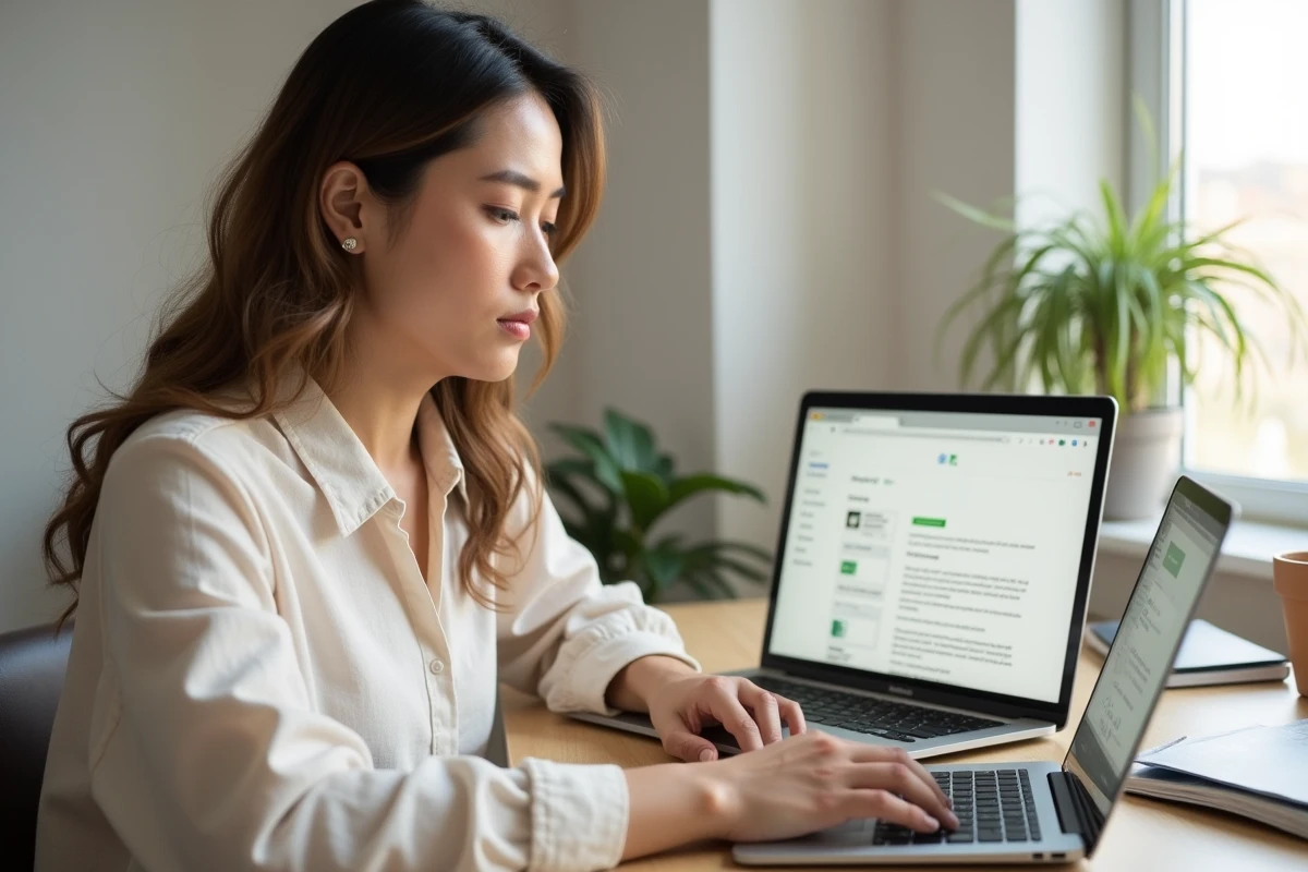 Femme naviguant sur le plan du site d'un blog déco intérieure depuis un bureau en bois clair