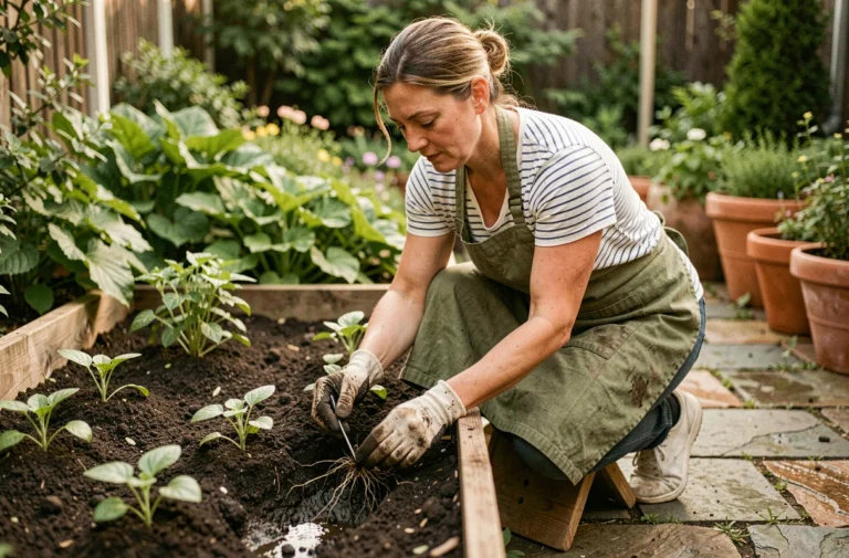 Femme jardinant dans un potager surélevé, plantant des semis avec soin au printemps
