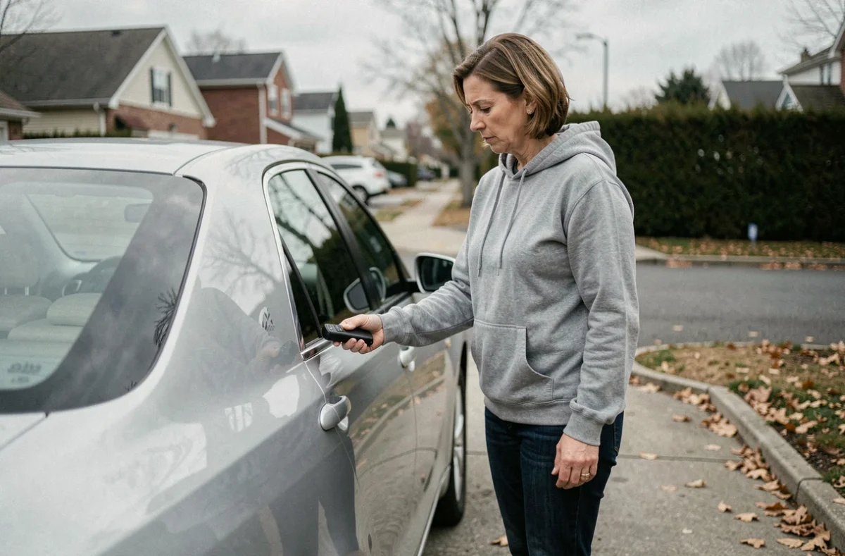 Femme tenant sa télécommande de voiture devant une portière qui ne s'ouvre pas, problème de fermeture centralisée