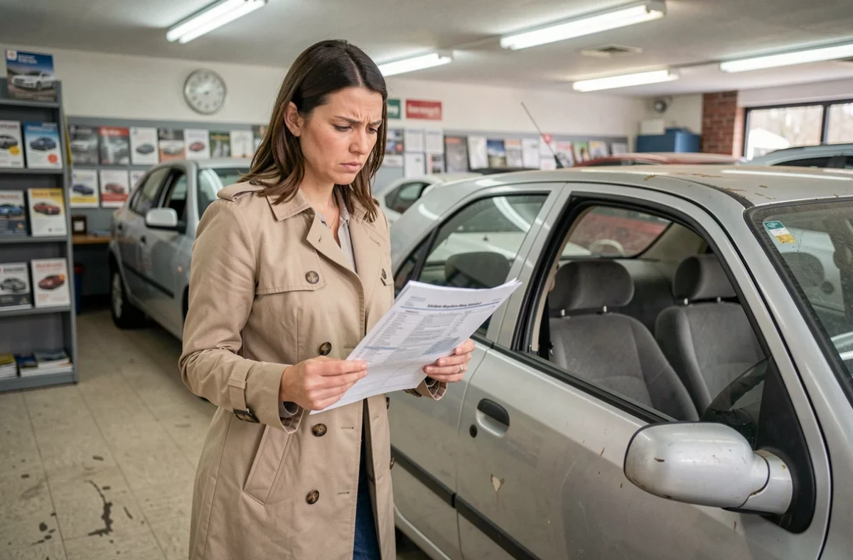 Femme sceptique lisant un rapport d'historique de véhicule dans une concession de voitures d'occasion