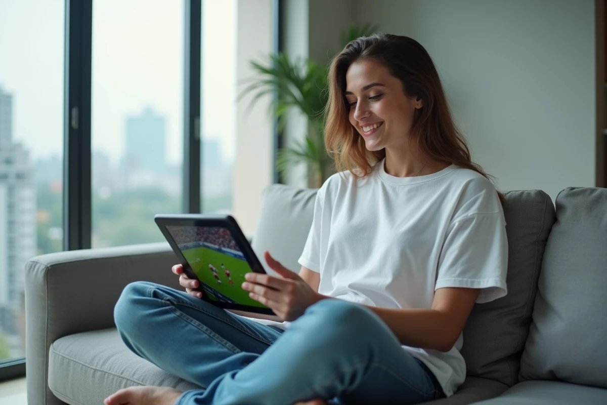 Femme consultant un site de streaming sportif sur tablette dans un appartement moderne