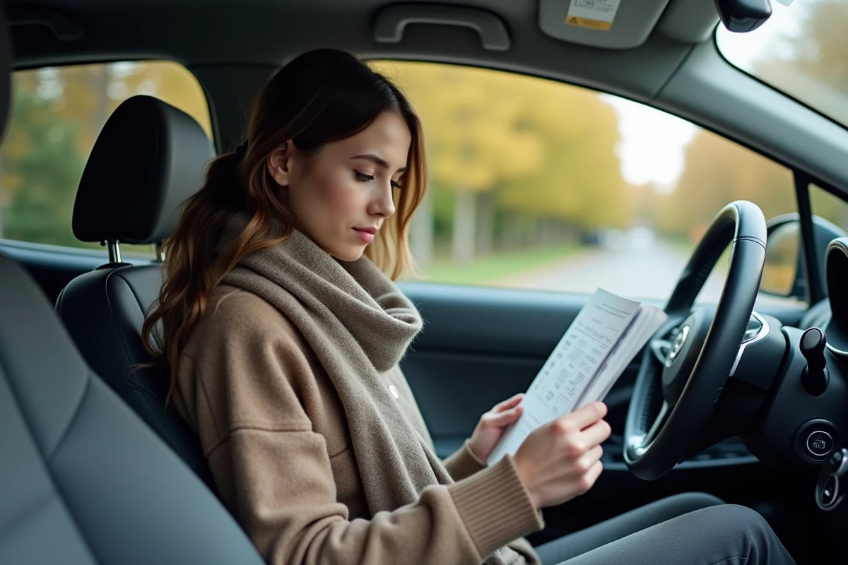 Jeune femme vérifiant le manuel de la voiture dans l