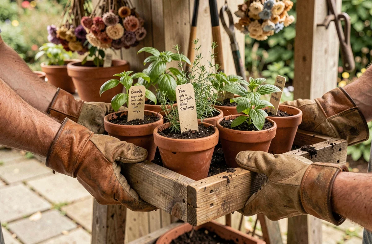 Gros plan de mains gantées tenant un plateau de petits pots d'herbes aromatiques sur un établi de jardin