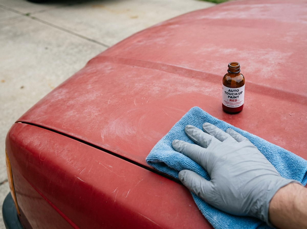 Gros plan sur une peinture automobile oxydée avec rayures et produit de retouche pour préparer la vente du véhicule