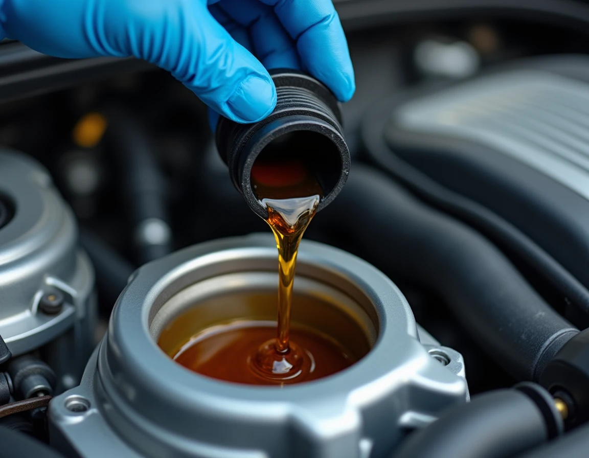Gros plan sur la vidange de l'huile moteur d'une BMW avec bouchon de vidange et huile usagée