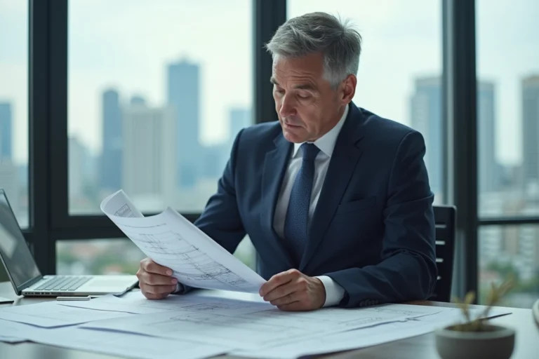 Homme d'affaires en costume bleu examinant des plans architecturaux