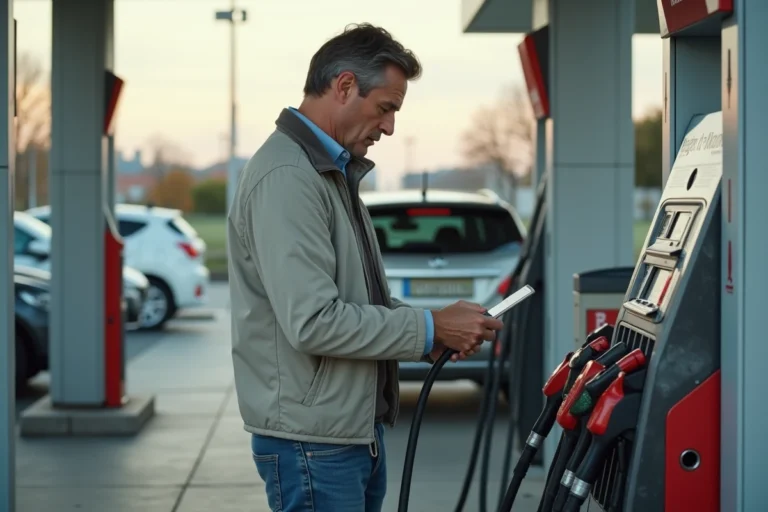 Homme lisant les options de carburant à la station essence