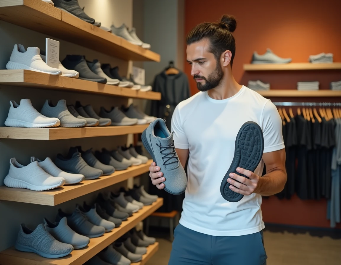 Homme comparant deux modèles de chaussures de yoga dans un magasin de sport spécialisé