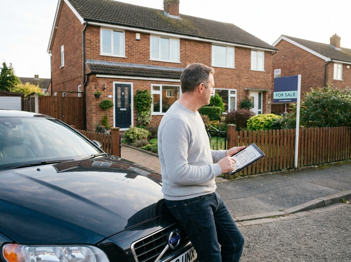 Homme décontracté regardant une maison à vendre devant sa voiture
