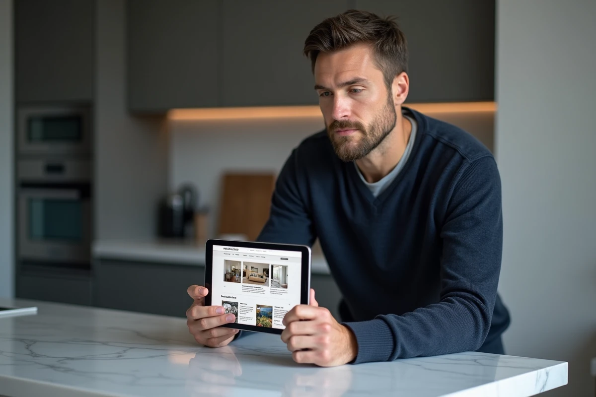 Homme consultant le plan de navigation d'un site de décoration sur une tablette dans une cuisine moderne
