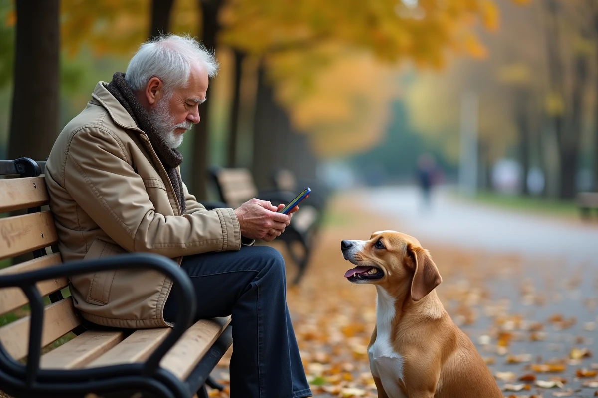 Homme senior avec chien dans un parc en automne