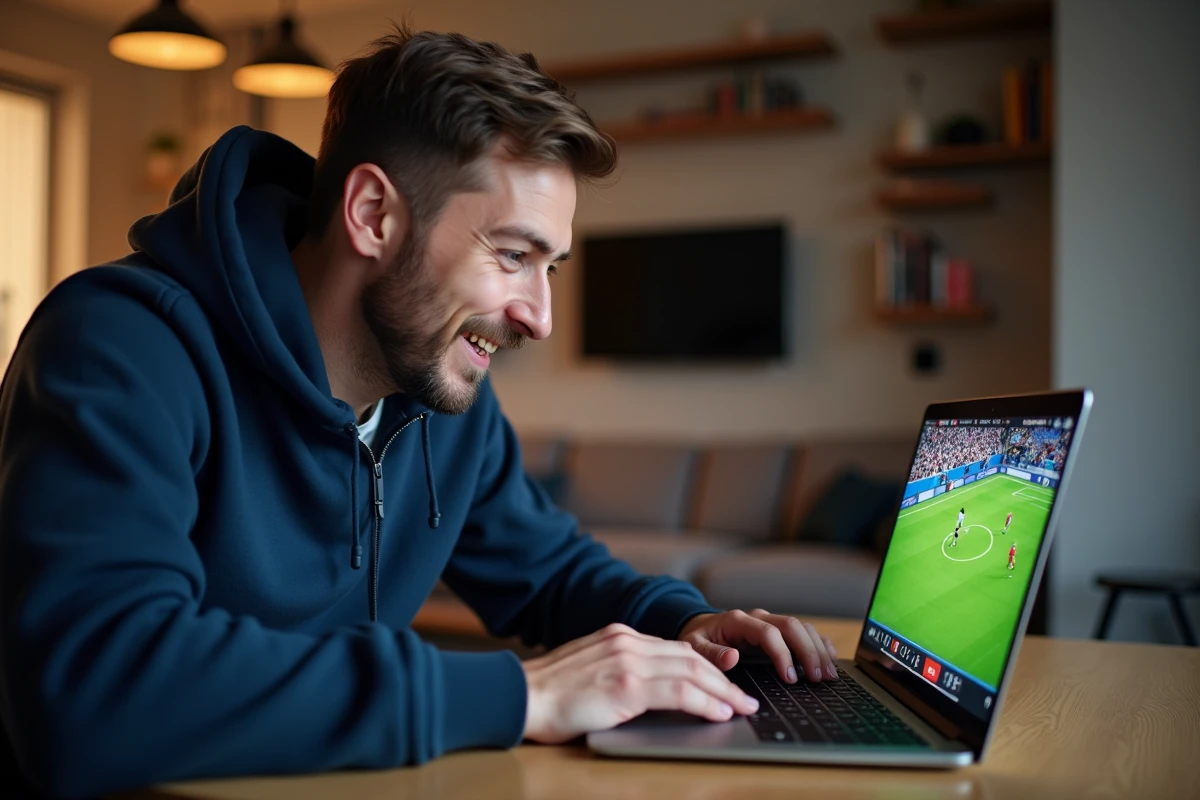 Homme regardant un match de football en streaming sur son ordinateur portable depuis son salon